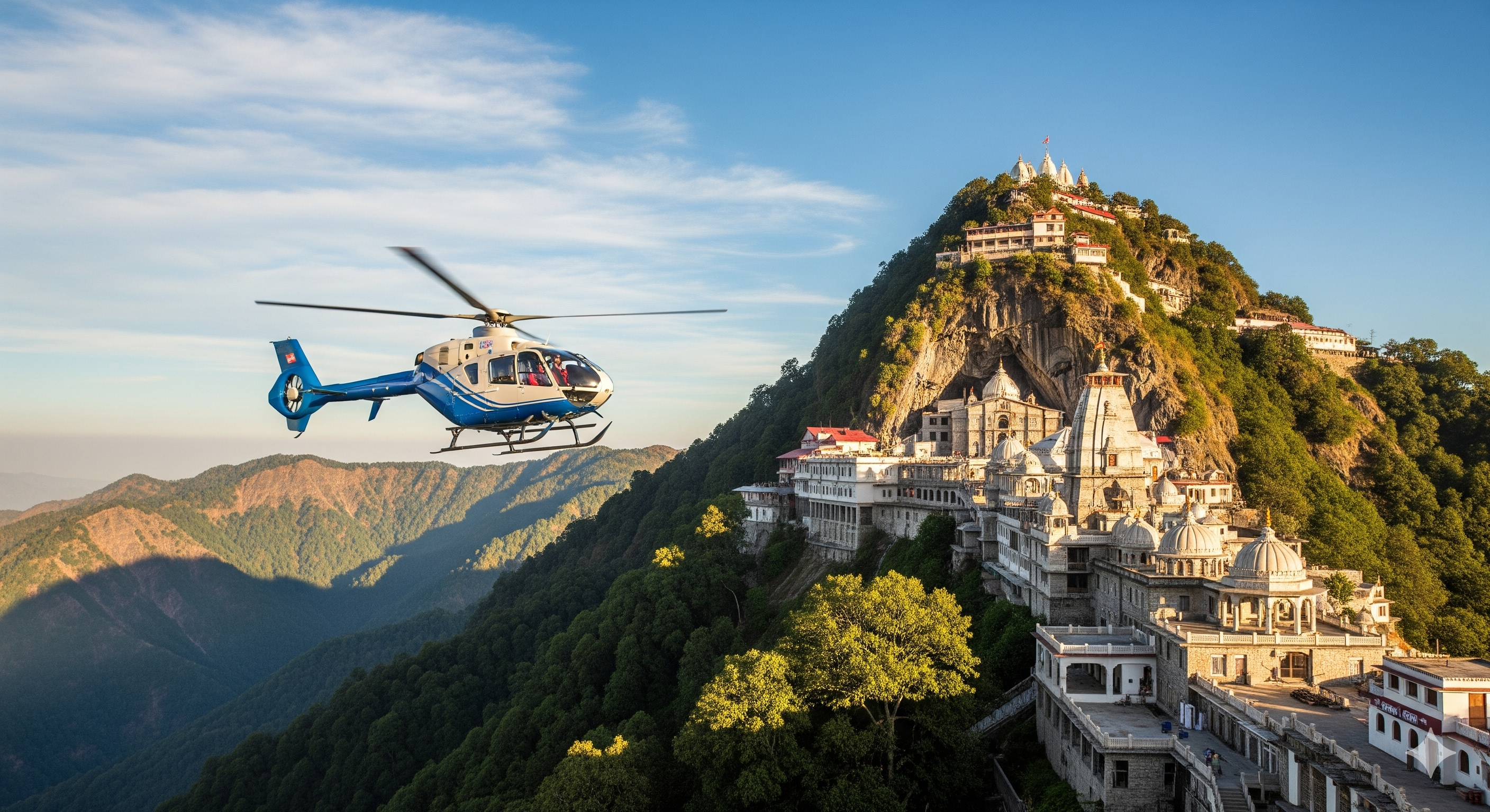 A helicopter flying over the Trikuta mountains near Vaishno Devi